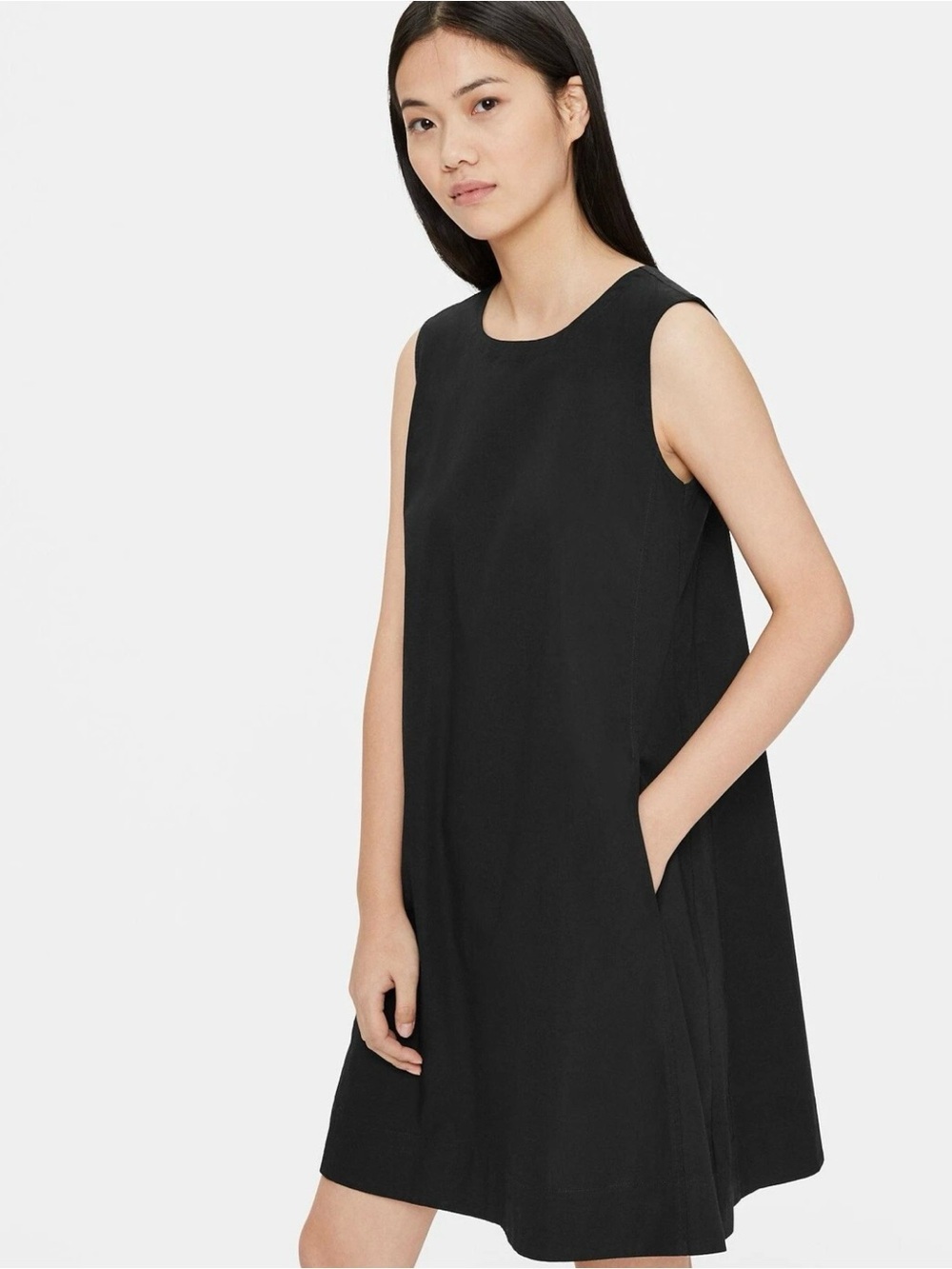 Eileen Fisher Sleeveless Black Mini A-Line Poplin Dress